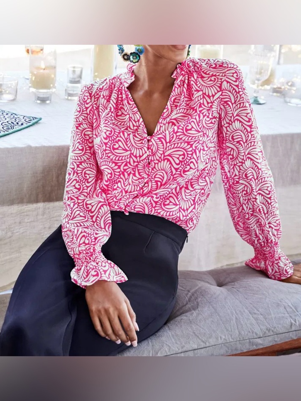 Boden Evangeline Sheer Pink Paisley Ruffle Blouse Cami Top US 4